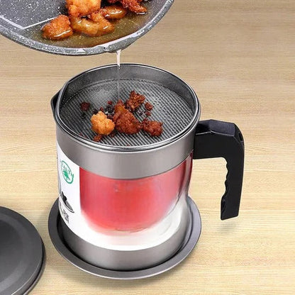 STAINLESS STEEL 1.4L OIL FILTER STORAGE POT WITH STRAINER