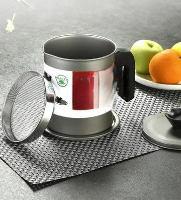 STAINLESS STEEL 1.4L OIL FILTER STORAGE POT WITH STRAINER